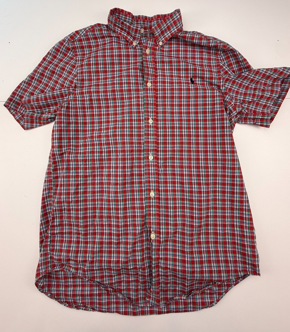 Boys Red Plaid Short Sleeve Polo Shirt XL Button Down